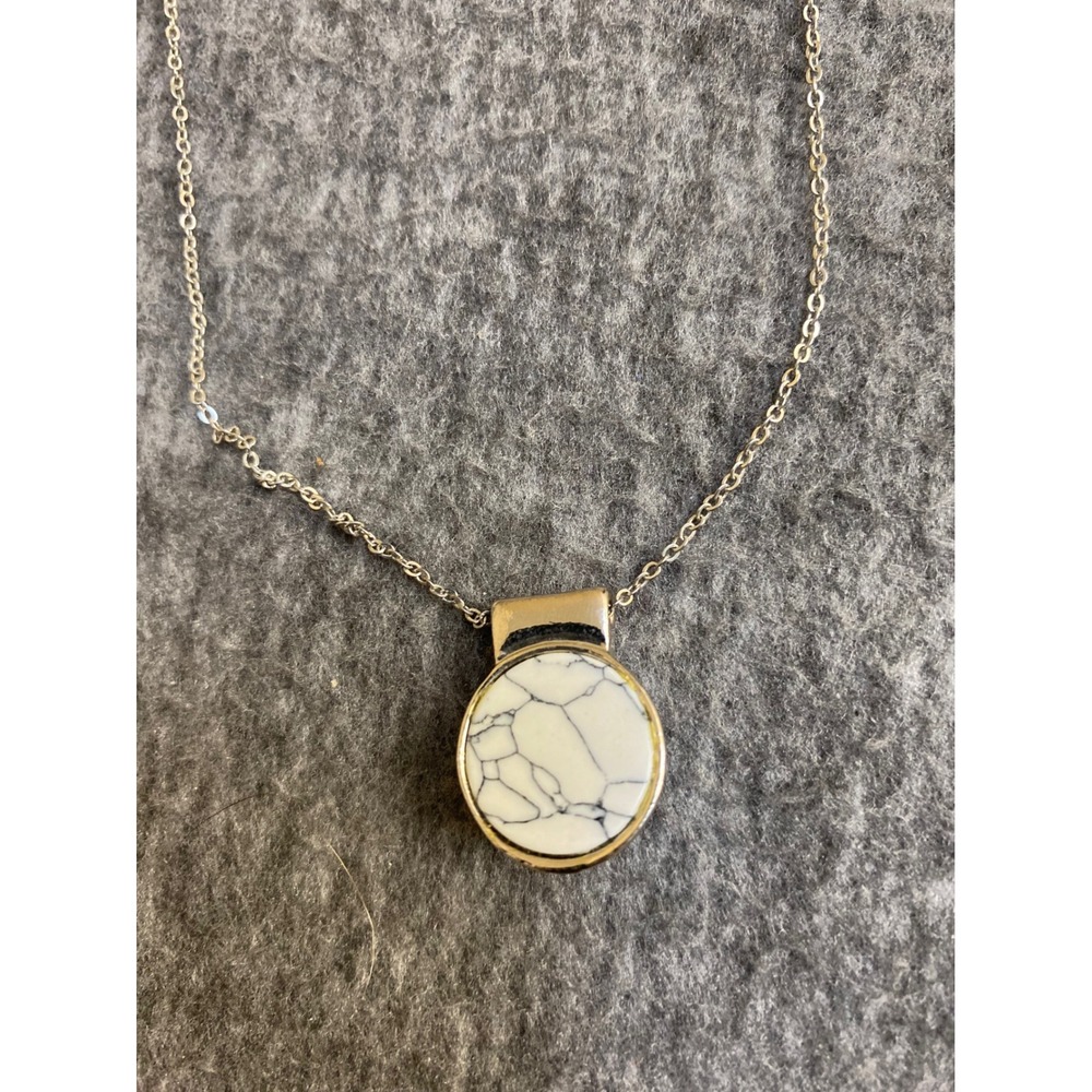 Womens Silver Tone White Marble Round Pendant Long Cable Chain Necklace 31 Inch